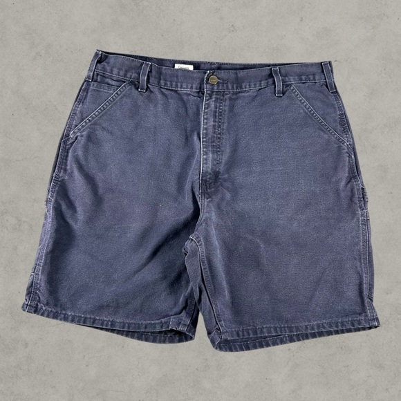 Carhartt Shorts Mens 38 Navy Midnight Blue B25 MDT Carpenter Leather Tab Baggy